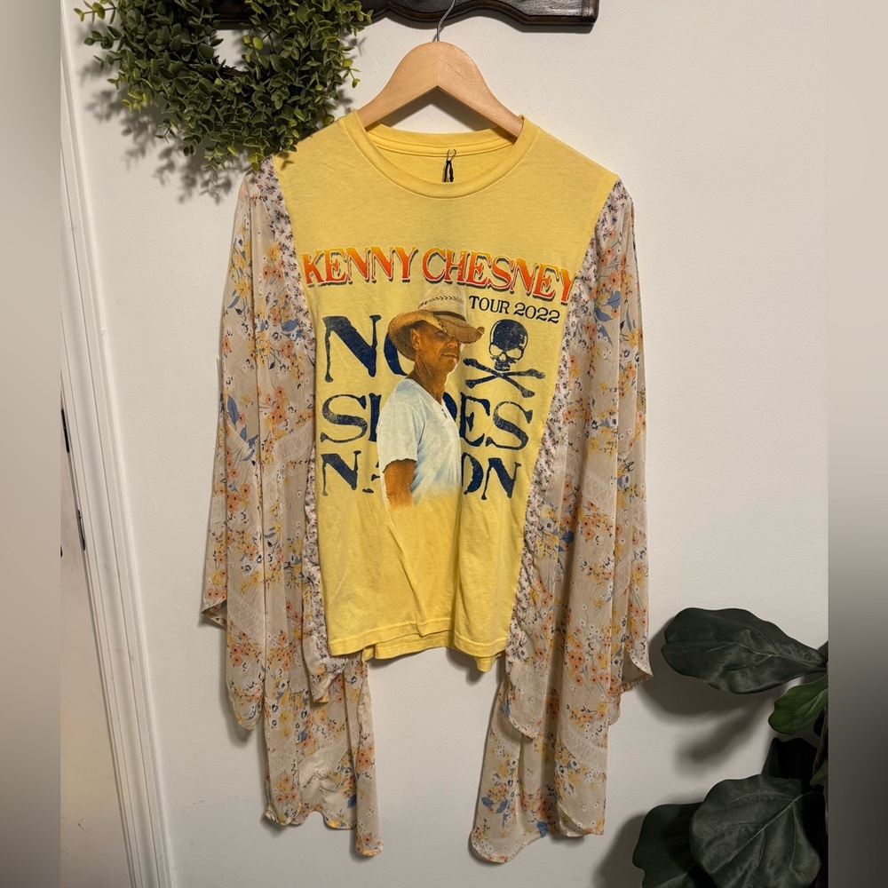 Reworked Kenny Chesney Tour Tee with Floral Kimono Sleeves